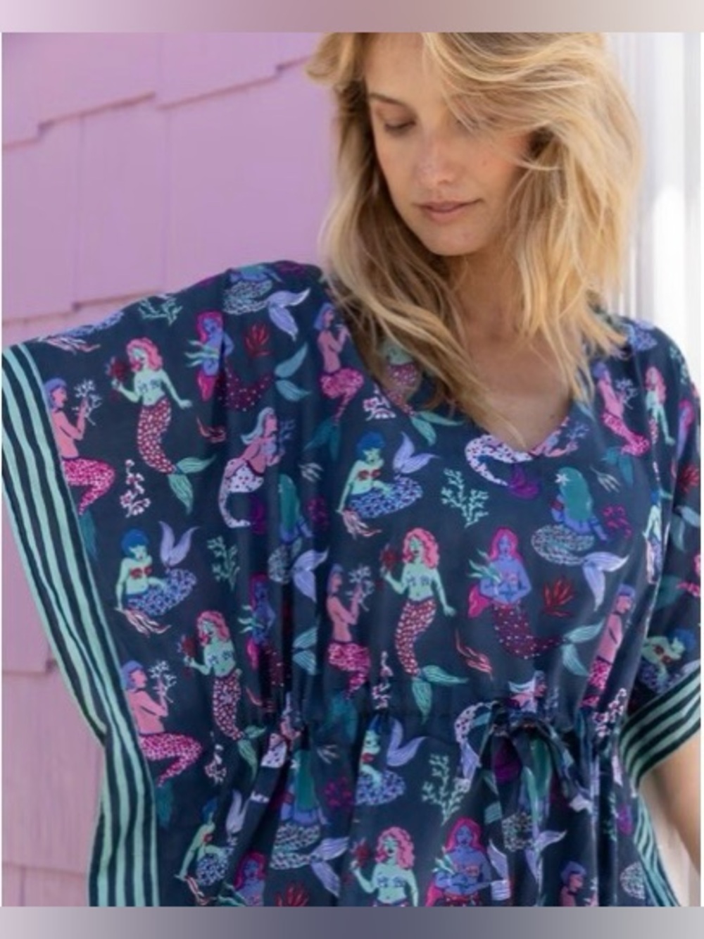 Print Fresh Mythical Mermaids Let’s Cruise Caftan Coastal Beach Organic Cotton - Picture 14 of 16